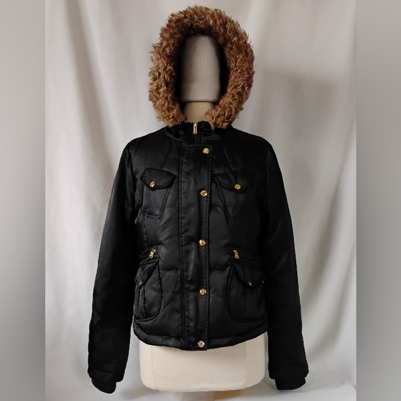 Women's Guess Black & Gold Winter Puffer Coat Hooded Jacket with Faux Fur Trim - Picture 1 of 16